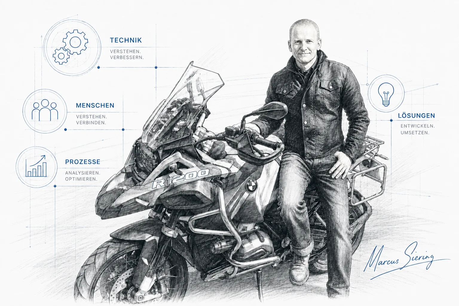 Persönliche technische Illustration von Marcus Siering mit Motorrad
