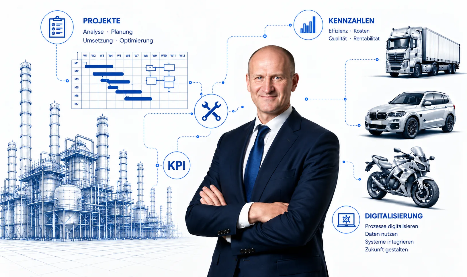 Marcus Siering vor technischen Darstellungen zu Industrie, Prozessen und Digitalisierung